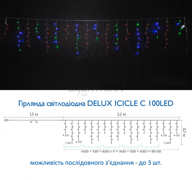 Гірлянда внутрішня DELUX ICICLE З 100LED 3,2 х0, 7m мульти/прозорий IP20 (90015254)
