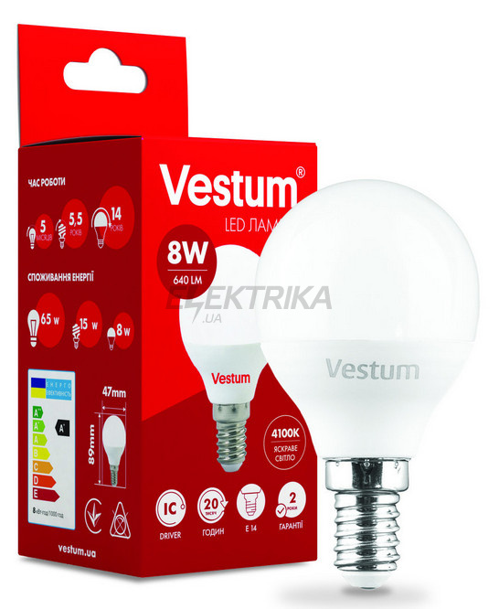 Світлодіодна лампа Vestum LED G45 8W 4100K 220V E14 (1-VS-1211)