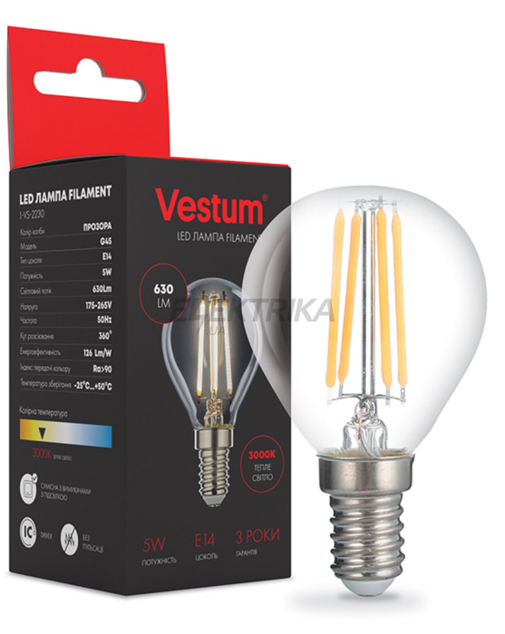 Лампа світлодіодна філамент Vestum LED G45 Е14 5ВТ 220V 3000К (1-VS-2230)