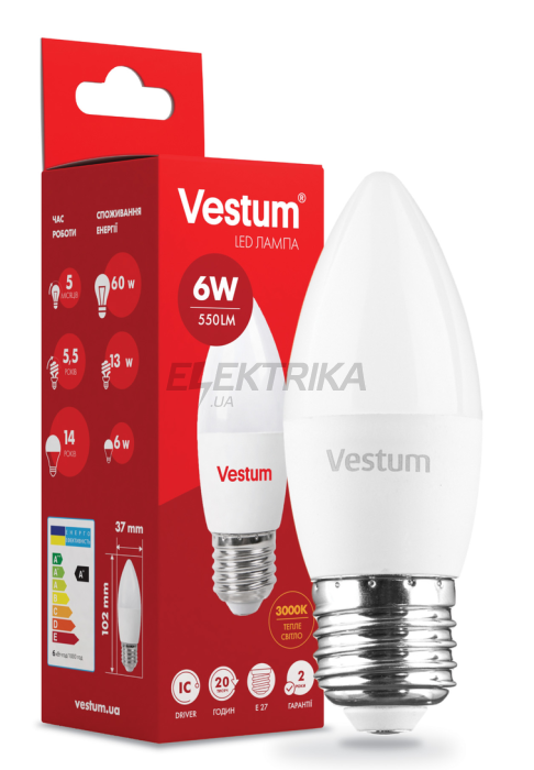 Світлодіодна лампа Vestum LED C37 6W 3000K 220V E270 (1-VS-1302)
