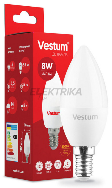 Світлодіодна лампа Vestum LED C37 8W 3000K 220V E14 (1-VS-1312)