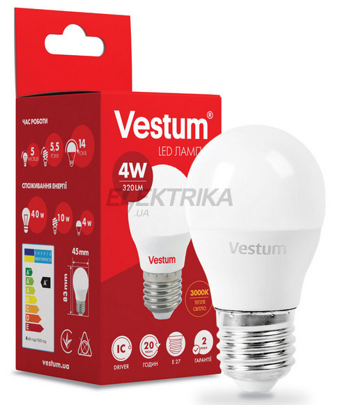 Світлодіодна лампа Vestum LED G45 4W 3000K 220V E27 (1-VS-1206)