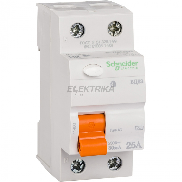 Вимикач диференціального струму Schneider Electric Диференціальний Вимикач навантаження ВД63 2П 25A 30MA АС, Іспанія 11450