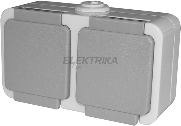 Розетка подвійна e.dew.1232.gr.blister із з/к, для зовнішнього монтажу, IP 44, у блістерній упаковці.