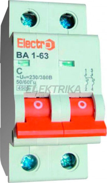 Автоматичний вимикач ВА1-63, 2 полюси, 25A, 4,5кА, х-ка С