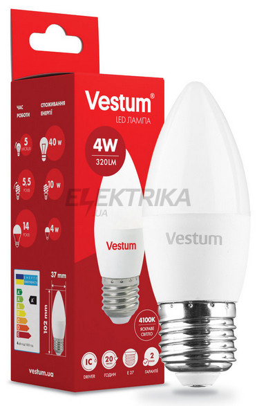 Світлодіодна лампа Vestum LED C37 4W 4100K 220V E27 (1-VS-1305)