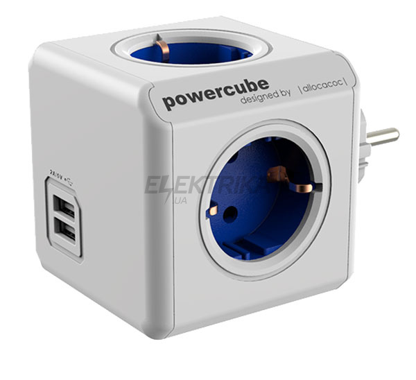 Розгалужувач мережі Powercube Original із заземленням 4 розетки, 2 USB, синій