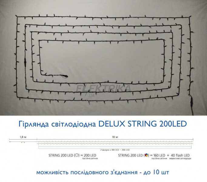 Гірлянда зовнішня DELUX STRING 200LED 20m (2*10m) мульти/чорний IP44 EN (90016609)