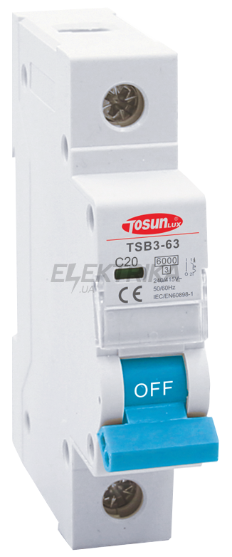 Автоматичний вимикач TOSUNlux TSB3-63, 20А, 1P, тип С, 6кА (6940151023715)