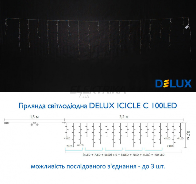 Гірлянда внутрішня DELUX ICICLE З 100LED 3,2х0,7m синій/прозорий IP20 (90015253)