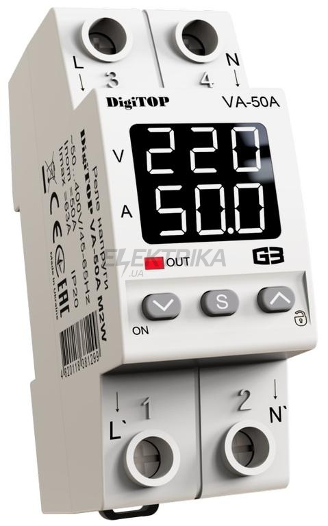 Реле напруги з контролем струму digitop (VA-50A M2W)