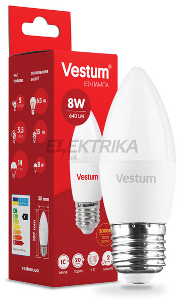 Світлодіодна лампа Vestum LED C37 8W 3000K 220V E27 (1-VS-1310)