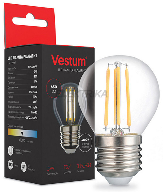 Лампа світлодіодна філамент Vestum LED G45 5W 220V 3000К E27 (1-VS-2209)
