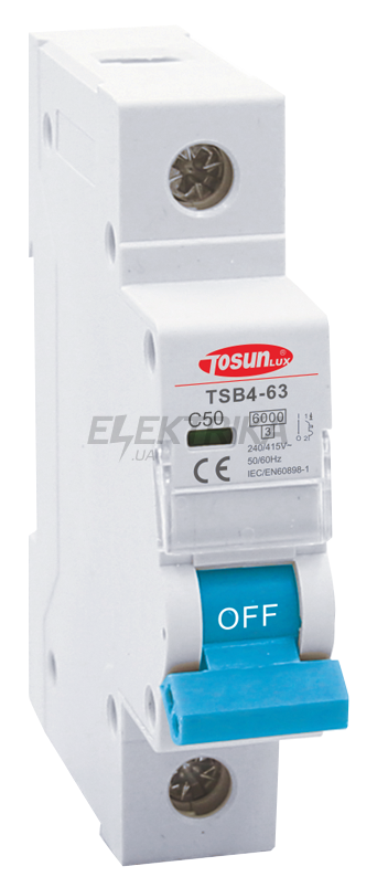 Автоматичний вимикач TOSUNlux TSB4-63, 50А, 1P, тип С, 6кА (6940151024118)