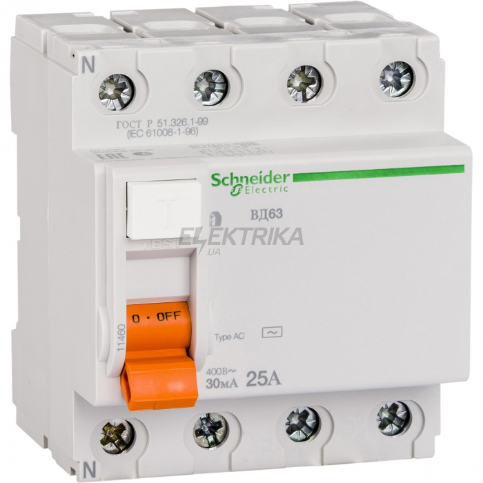 Вимикач диференціального струму Schneider Electric Диференціальний Вимикач навантаження ВД63 4П 25A 30MA АС, Іспанія 11460