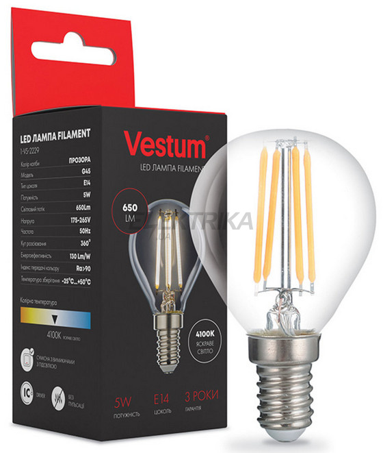 Лампа світлодіодна філамент Vestum LED G45 5W 220V 4100К E14 (1-VS-2229)