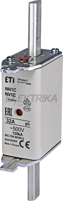 Плавка вставка запобіжник ETI NH1C gG 32A/500V 004184208