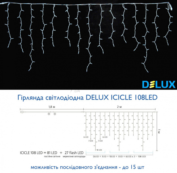 Гірлянда зовнішня DELUX ICICLE 108LED 2x1m 27 flash білий/білий IP44 EN (90012939)