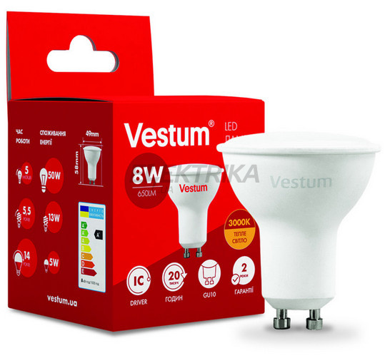 Лампа світлодіодна Vestum LED MR16 8W 3000K 220V GU10 (1-VS-1507)