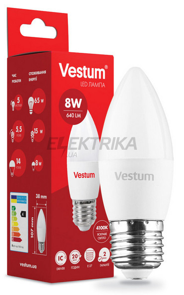 Світлодіодна лампа Vestum LED C37 8W 4100K 220V E27 (1-VS-1309)