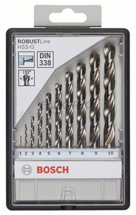 Набір із 10 свердл по металу Robust Line HSS-G, 135° 1; 2; 3; 4; 5; 6; 7; 8; 9; 10 мм, 135 °
