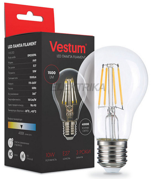 Лампа світлодіодна філамент Vestum LED А60 10W 220V 4100К E27 (1-VS-2113)