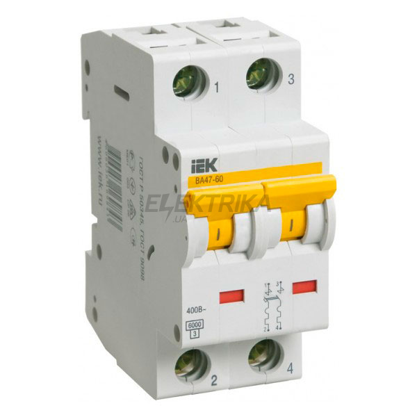 Автоматичний вимикач IEK, ВА 47-60 2Р 25А 6 кА х-ка D
