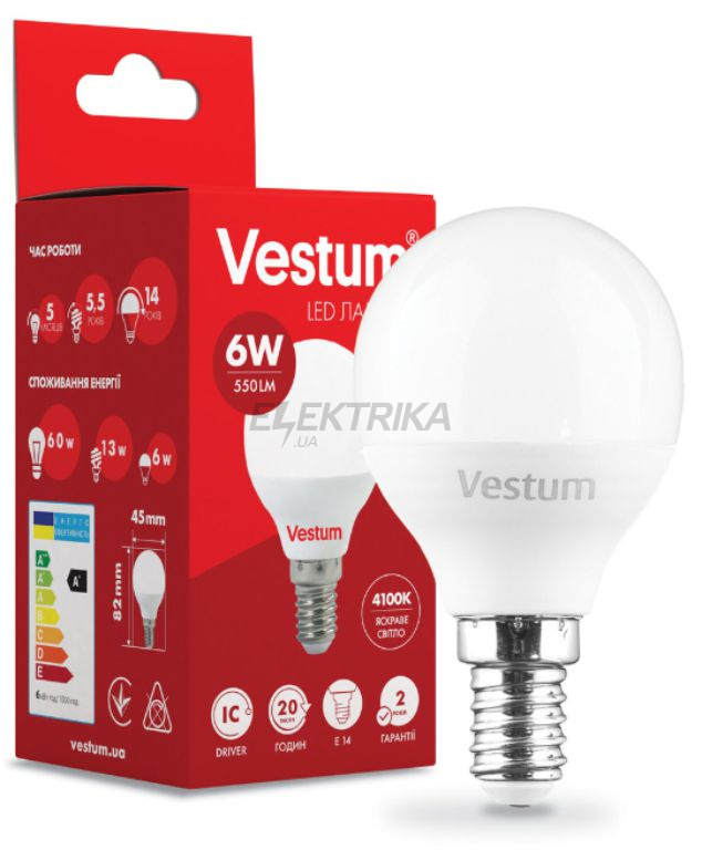 Світлодіодна лампа Vestum LED G45 6W 4100K 220V E14 (1-VS-1203)