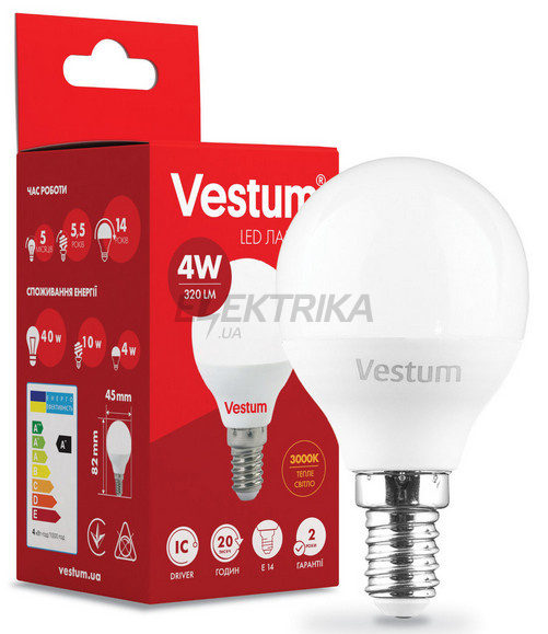 Світлодіодна лампа Vestum LED G45 4W 3000K 220V E14 (1-VS-1208)
