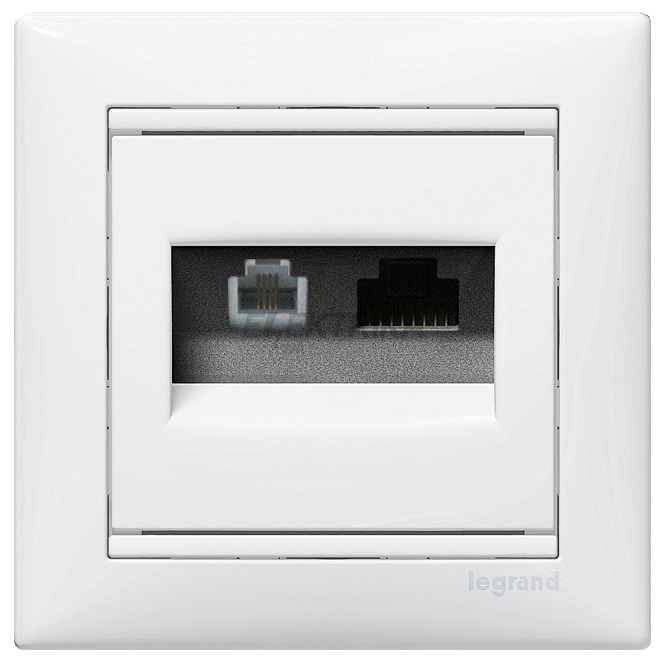 Телефонна розетка подвійна RJ 45 кат.6 UTP+RJ 11, без захватів, білий, Valena