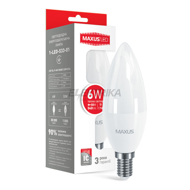 Світлодіодна лампа MAXUS C37 CL-F 6W 3000 K 220V E14 (1-LED-533-01)