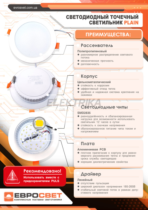 Світильник точковий врізний EVROLIGHT 18Вт коло PLAIN-18R 6400К