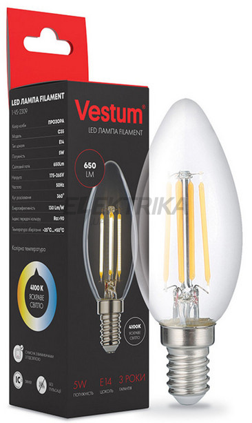 Лампа світлодіодна філамент Vestum LED С35 5W 220V 4100К E14 (1-VS-2309)