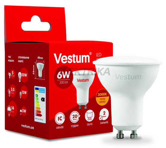Лампа світлодіодна Vestum LED MR16 6W 3000K 220V GU10 (1-VS-1505)