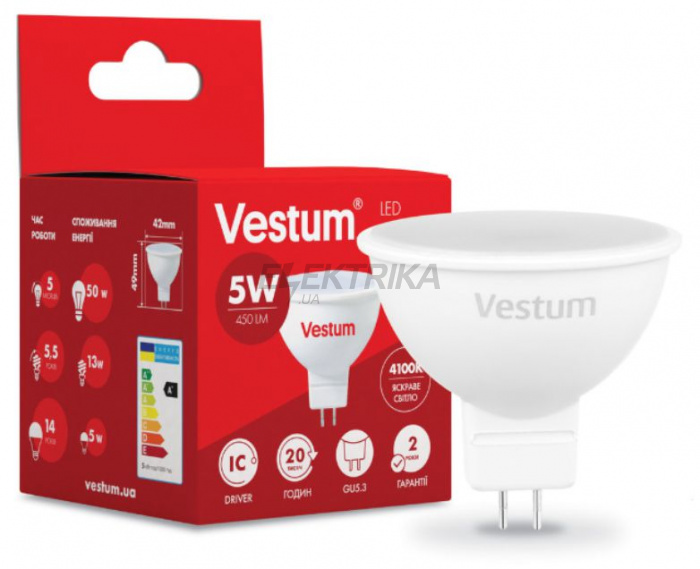 Лампа світлодіодна Vestum LED MR16 5W 4100K 220V GU5.3 (1-VS-1503)