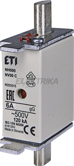 Плавка вставка запобіжник ETI NH000 gG 6A/500V 004181203