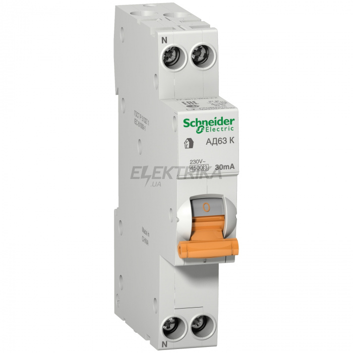 Автоматичний вимикач диференціального струму Schneider Electric AD63 K - earth leakage circuit breaker - 1P+N - C - 20A - 30mA - 4500A - AC-TYPE 12523