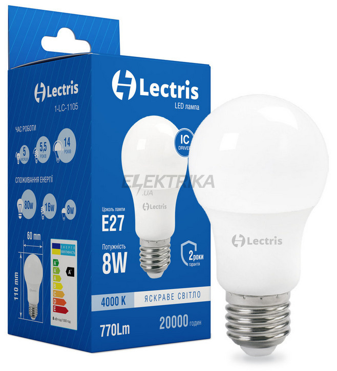 Світлодіодна лампа Lectris LED A60 8W 4000K 220V E27 (1-LC-1105)