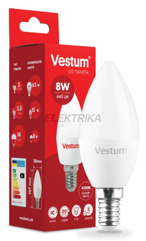 Світлодіодна лампа Vestum LED C37 8W 4100K 220V E14 (1-VS-1311)