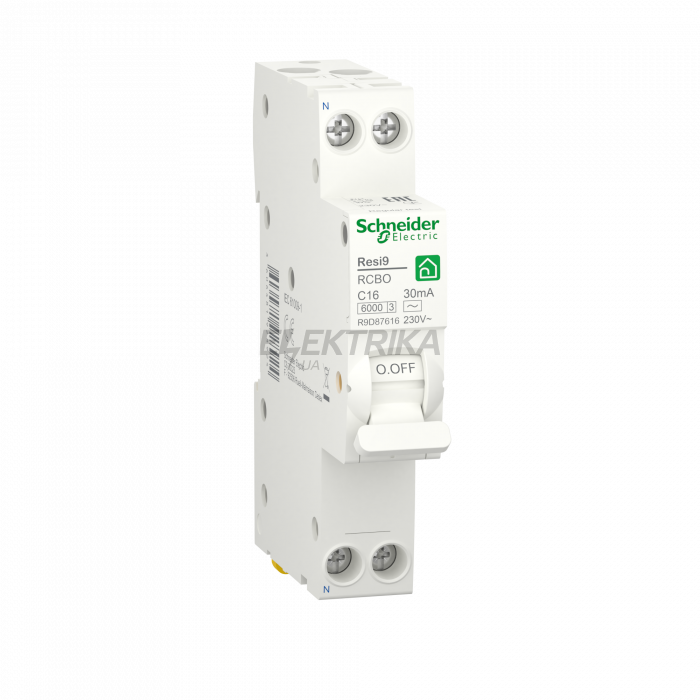 Автоматичний вимикач диференціального струму Schneider Electric RESI9 6kA 1M 1P+N 16A C 30mA АC R9D87616