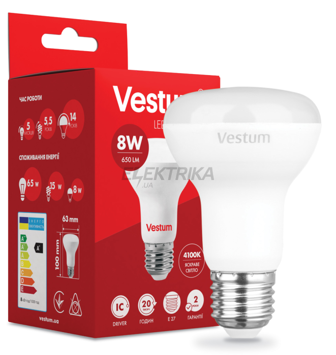 Світлодіодна лампа Vestum LED R63 8W 4100K 220V E27 (1-VS-1403)