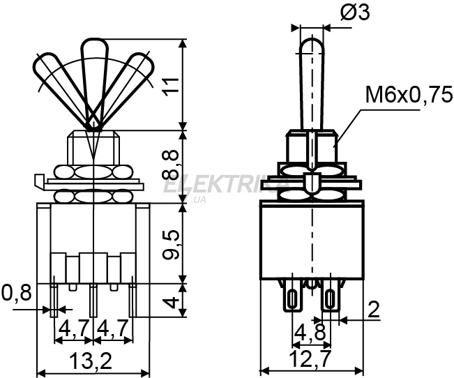 Тумблер АСКО-УКРЕМ MTS-203 ON-OFF-ON 3Пол. *6Конт. (A0140060018)