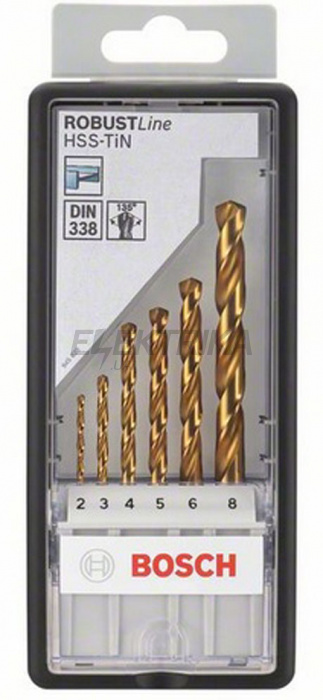 Набір із 6 свердл по металу Robust Line HSS-TiN, 135° 2; 3; 4; 5; 6; 8 мм, 135°