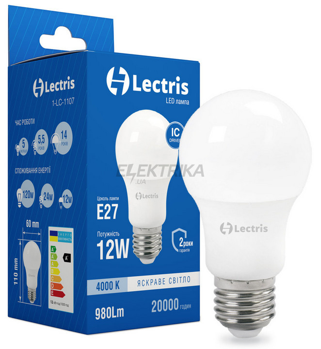 Світлодіодна лампа Lectris LED A60 12W 4000K 220V E27 (1-LC-1107)