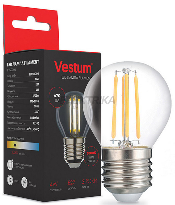 Лампа світлодіодна філамент Vestum LED G45 4W 220V 3000К E27 (1-VS-2206)