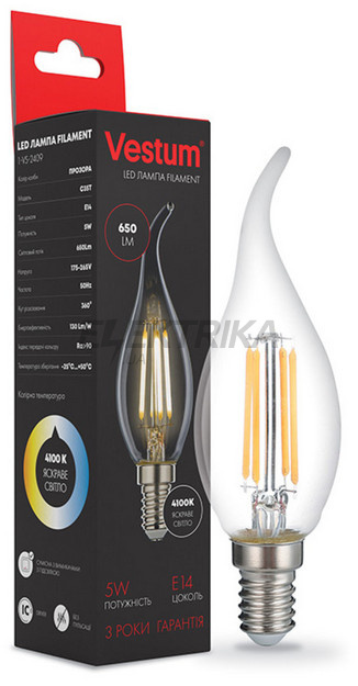 Лампа світлодіодна філамент Vestum LED С35Т 5W 220V 4100К E14 (1-VS-2409)