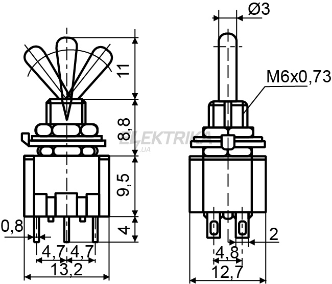 Тумблер АСКО-УКРЕМ MTS-103 ON-OFF-ON 3Пол. *3Конт. (A0140060013)