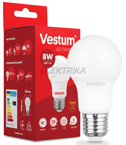 Світлодіодна лампа Vestum LED A55 8W 3000K 220V E27 (1-VS-1108)