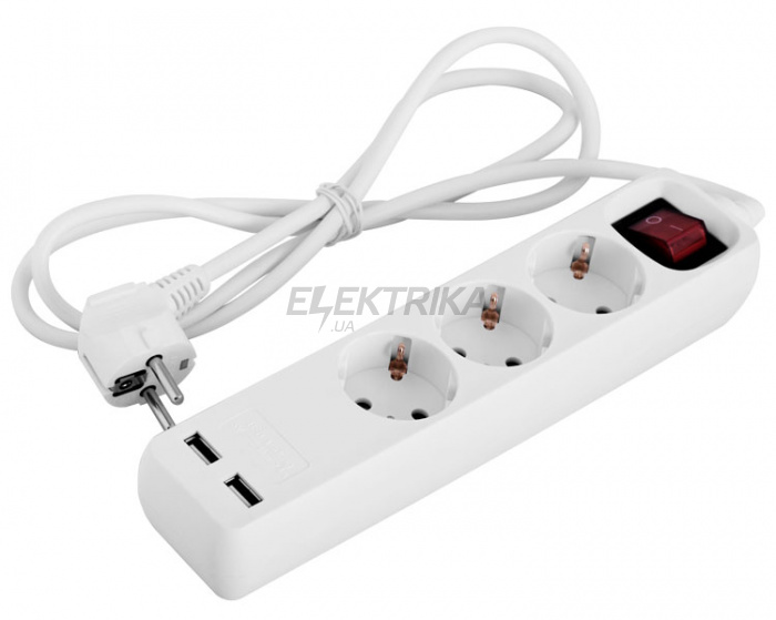 Подовжувач з USB-зарядкою E.NEXT, e.es.3.1.5.zsb2.usb 3 гнізда, 1.5м, з вимикачем, baby protect (s042129)