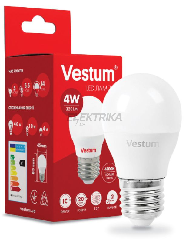 Лампа світлодіодна Vestum LED G45 4W 4100K 220V E27 (1-VS-1205)